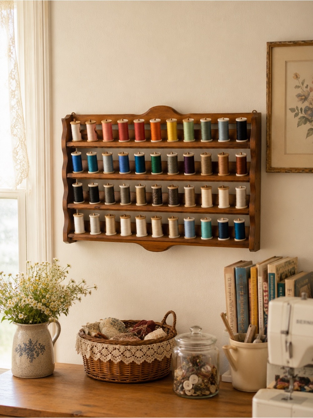 Vintage wooden thread spools rack